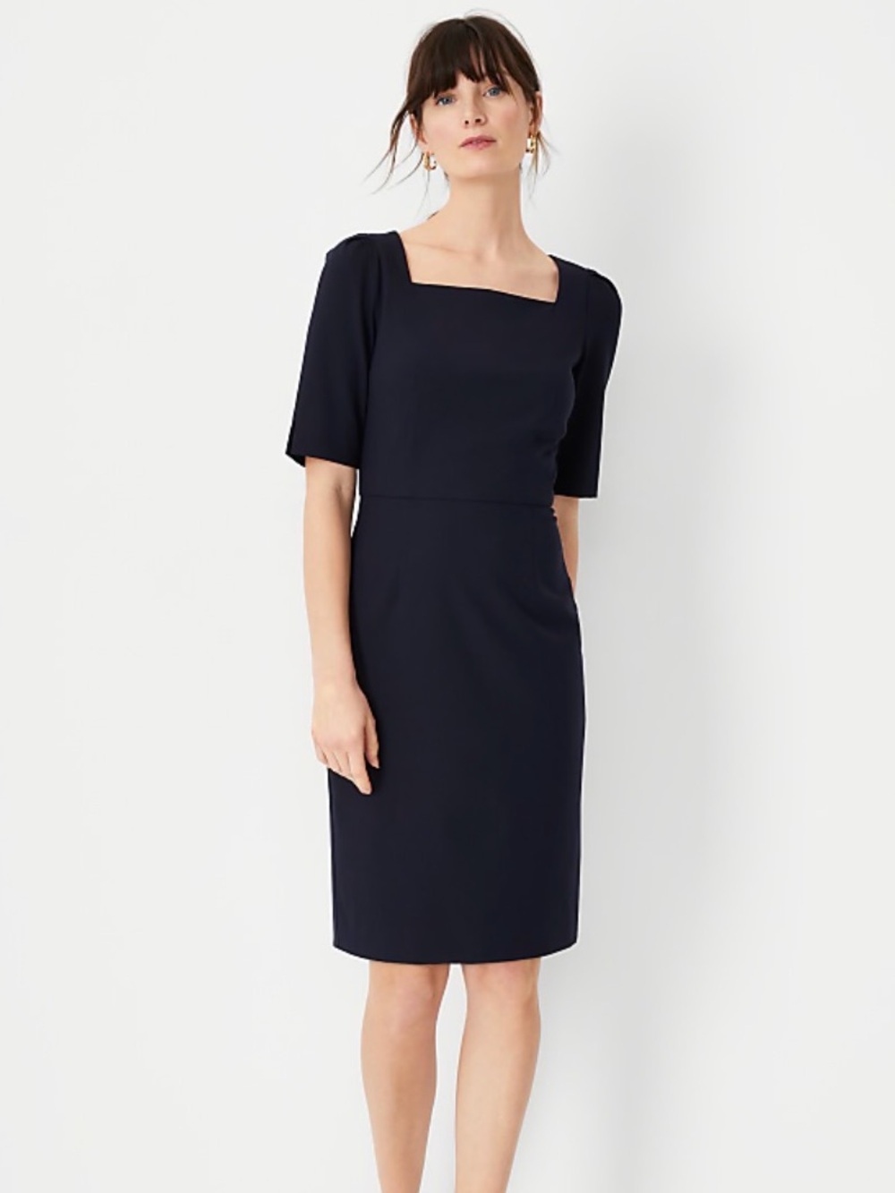 Ann Taylor Petite Elbow Sleeve Navy Square-Neck Sheath Dress with Short Sleeves